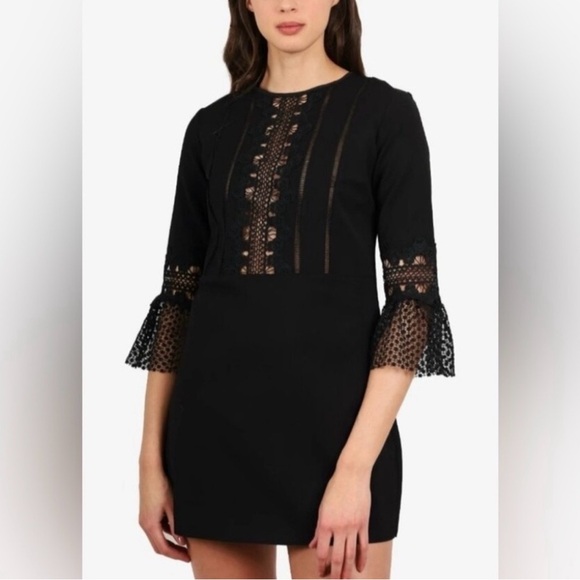 NWT! Self-Portrait Black Lace Insert Bell Sleeve Shift Dress. Size 10. - Picture 3 of 14